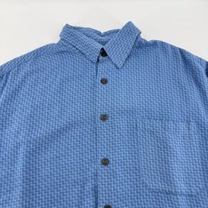 Toscano Blue Mens Silk Rayon Short Sleeve Button Down Shirt Blue Geometric Med